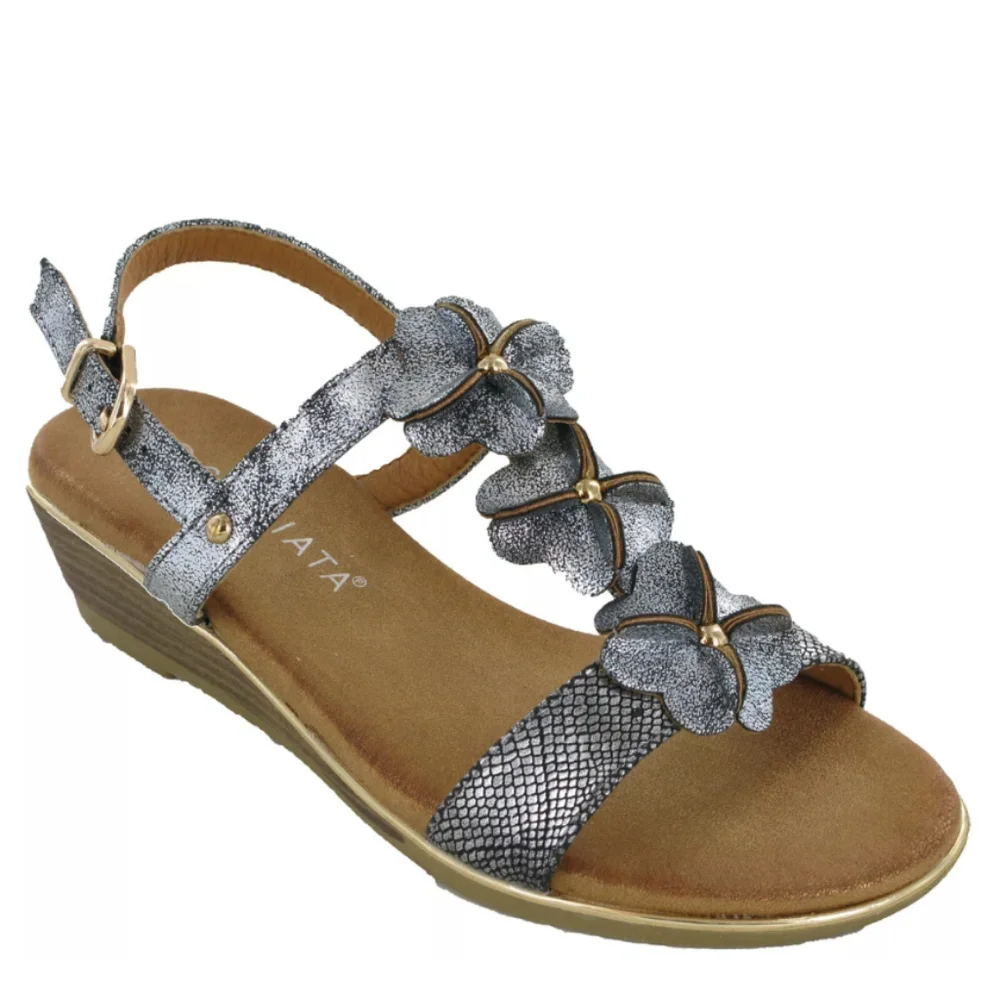 NEW T Sokolski Flower Wedges Halterback Sandals Pewter Buckle Women's sz.37 6.5